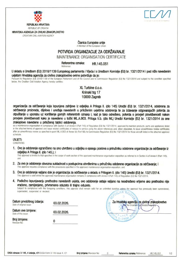 EASA Part 145 Maintenance Organisation Certificate HR.145.051, Croatian Civil Aviation Agency